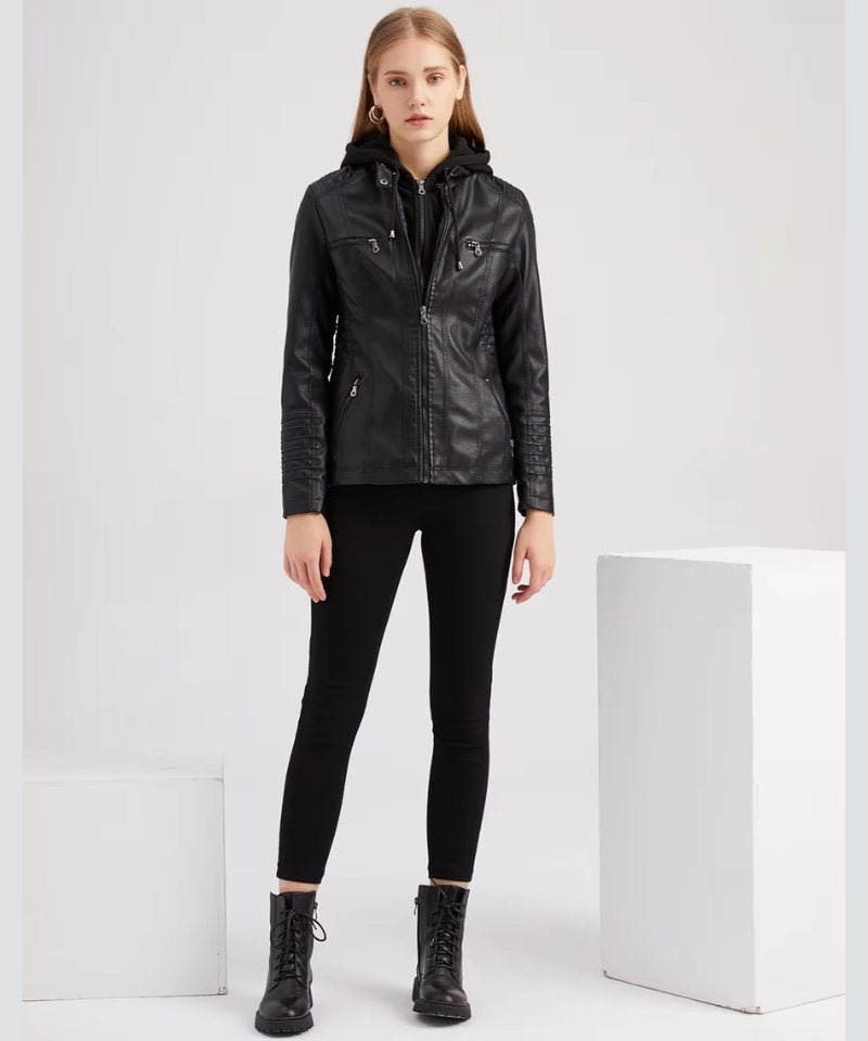 Veste Similicuir avec Capuche Femme noir