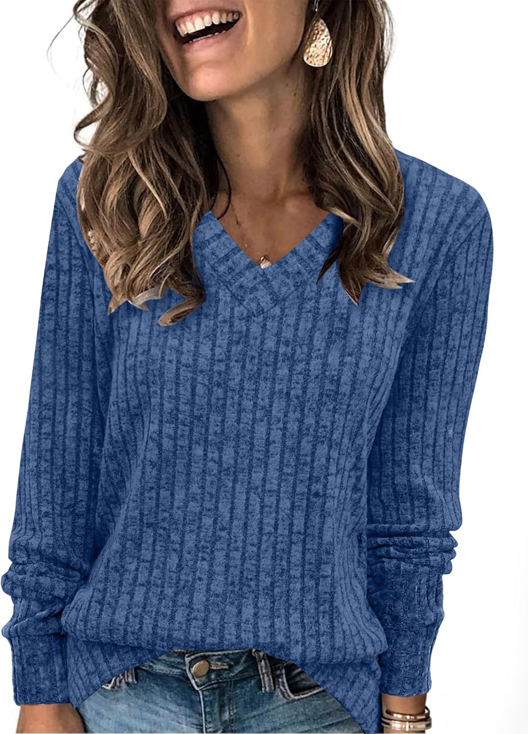 Pullover mit V-Ausschnitt und Rippenstruktur für Damen | COSYKNIT™
