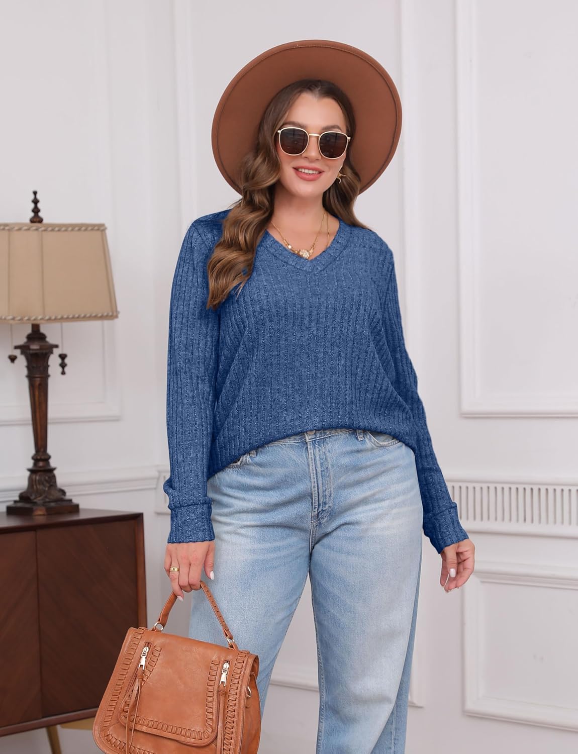 Pullover mit V-Ausschnitt und Rippenstruktur für Damen | COSYKNIT™