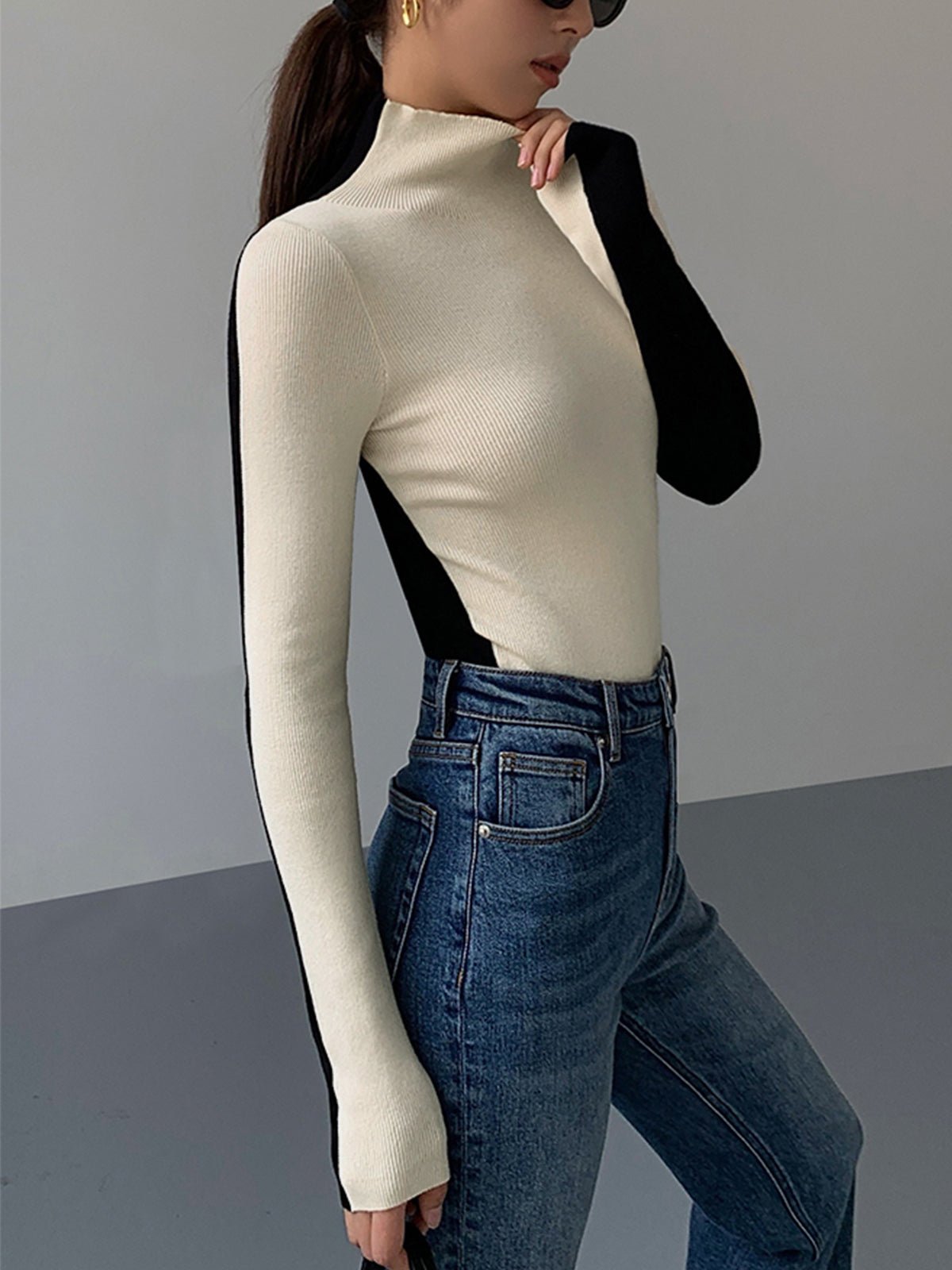 Damen Zweifarbiger Pullover mit langen Ärmeln | TWOTONEKNIT™