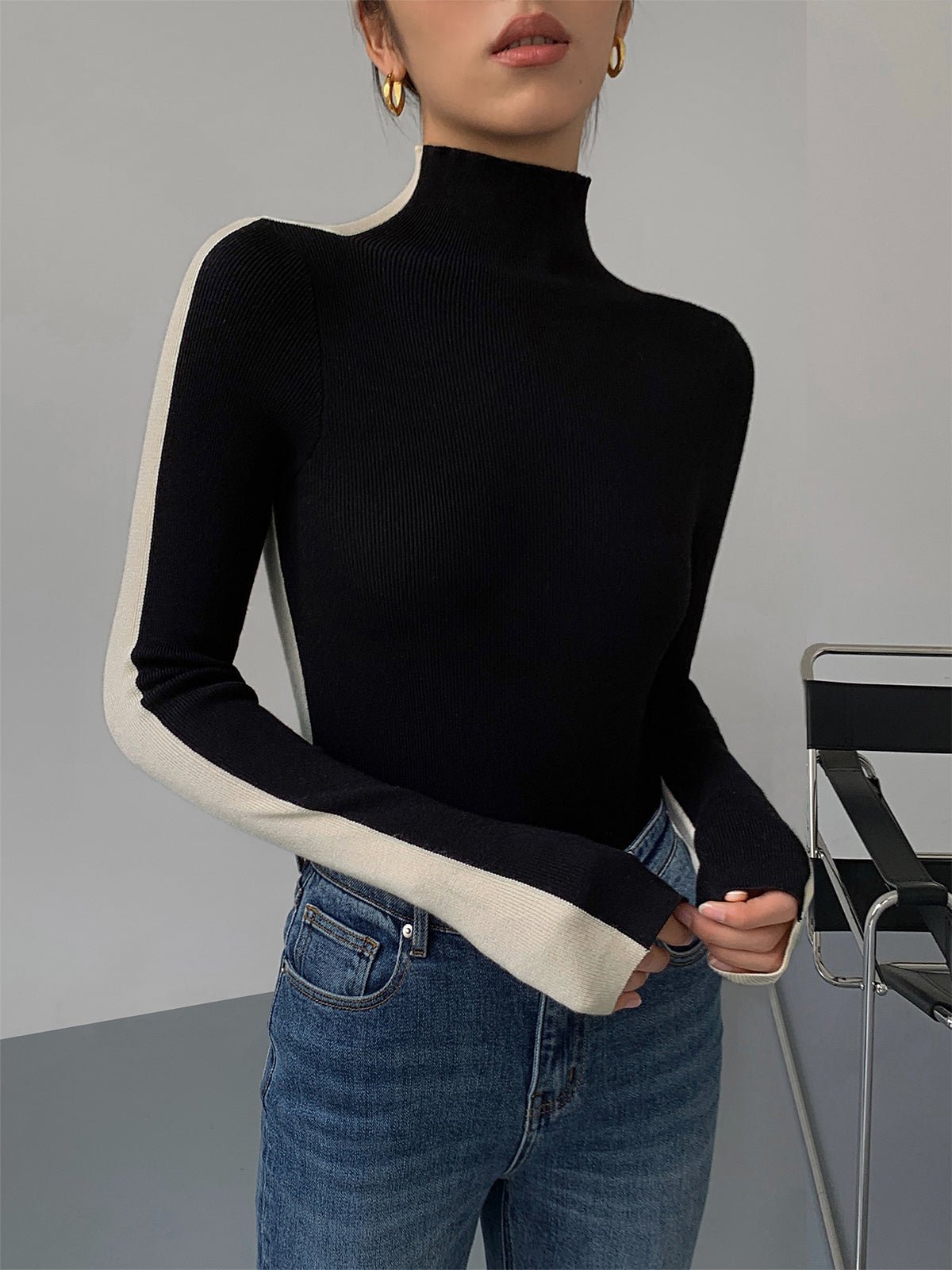 Damen Zweifarbiger Pullover mit langen Ärmeln | TWOTONEKNIT™