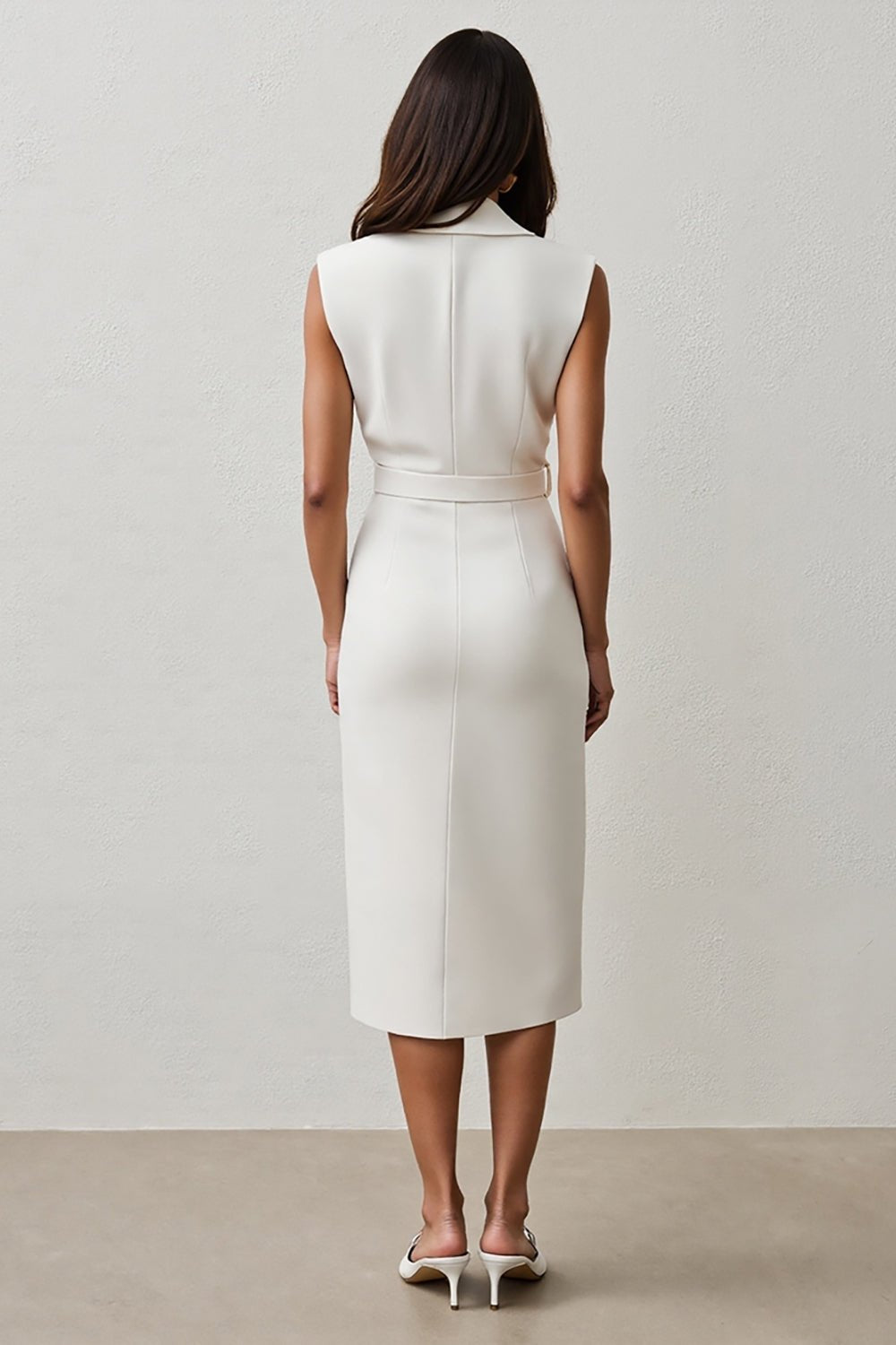 Robe Midi Blanche de Travail avec Revers Cranté et Ceinture | CÉLINE - MYLES Boutique