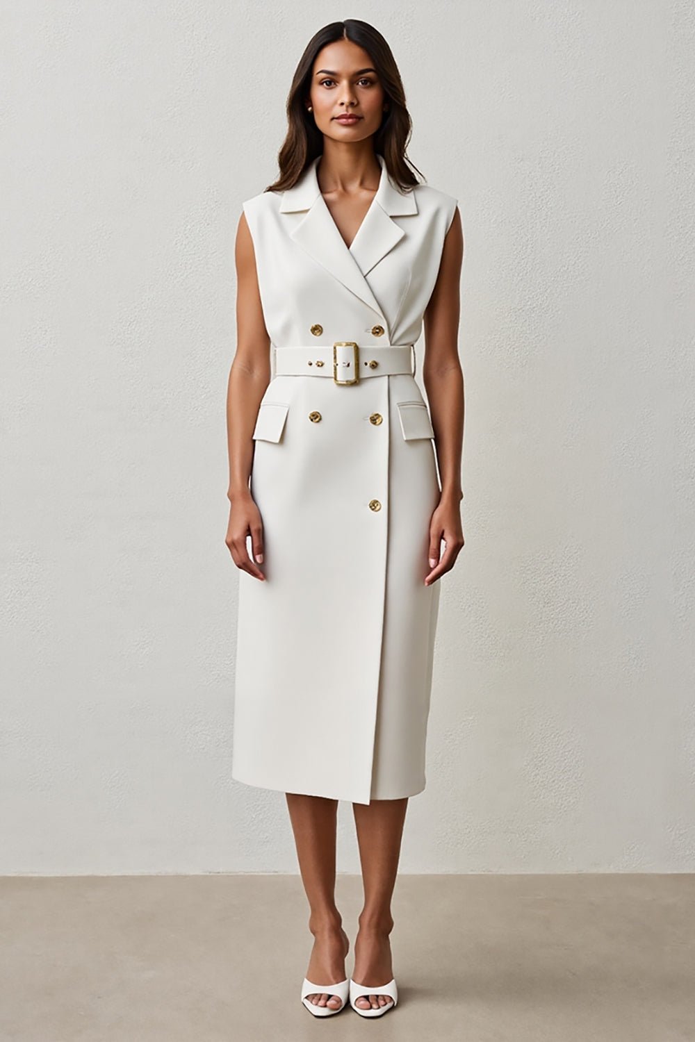 Robe Midi Blanche de Travail avec Revers Cranté et Ceinture | CÉLINE - MYLES Boutique