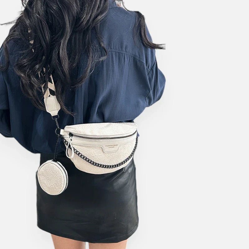 Gürteltasche aus Leder mit Blumenmuster, Schulterriemen und Geldbörse | LUCY