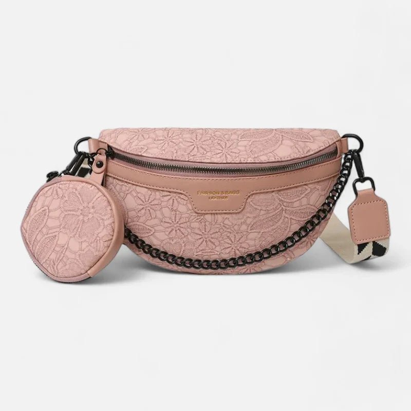 Gürteltasche aus Leder mit Blumenmuster, Schulterriemen und Geldbörse | LUCY