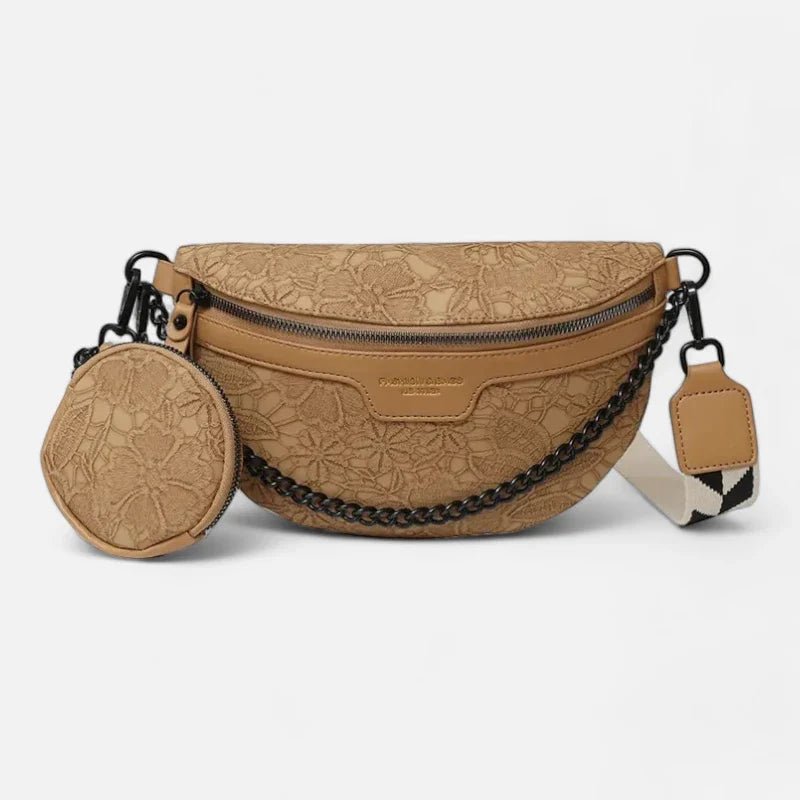 Gürteltasche aus Leder mit Blumenmuster, Schulterriemen und Geldbörse | LUCY