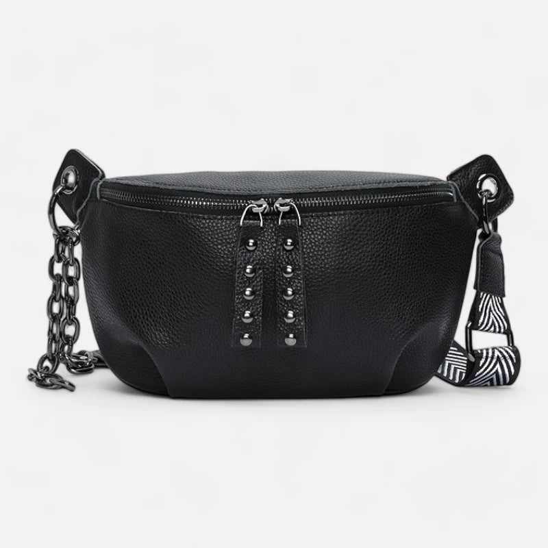 Damen Gürteltasche aus schwarzem Leder mit elegantem Schulterriemen | ADENIA